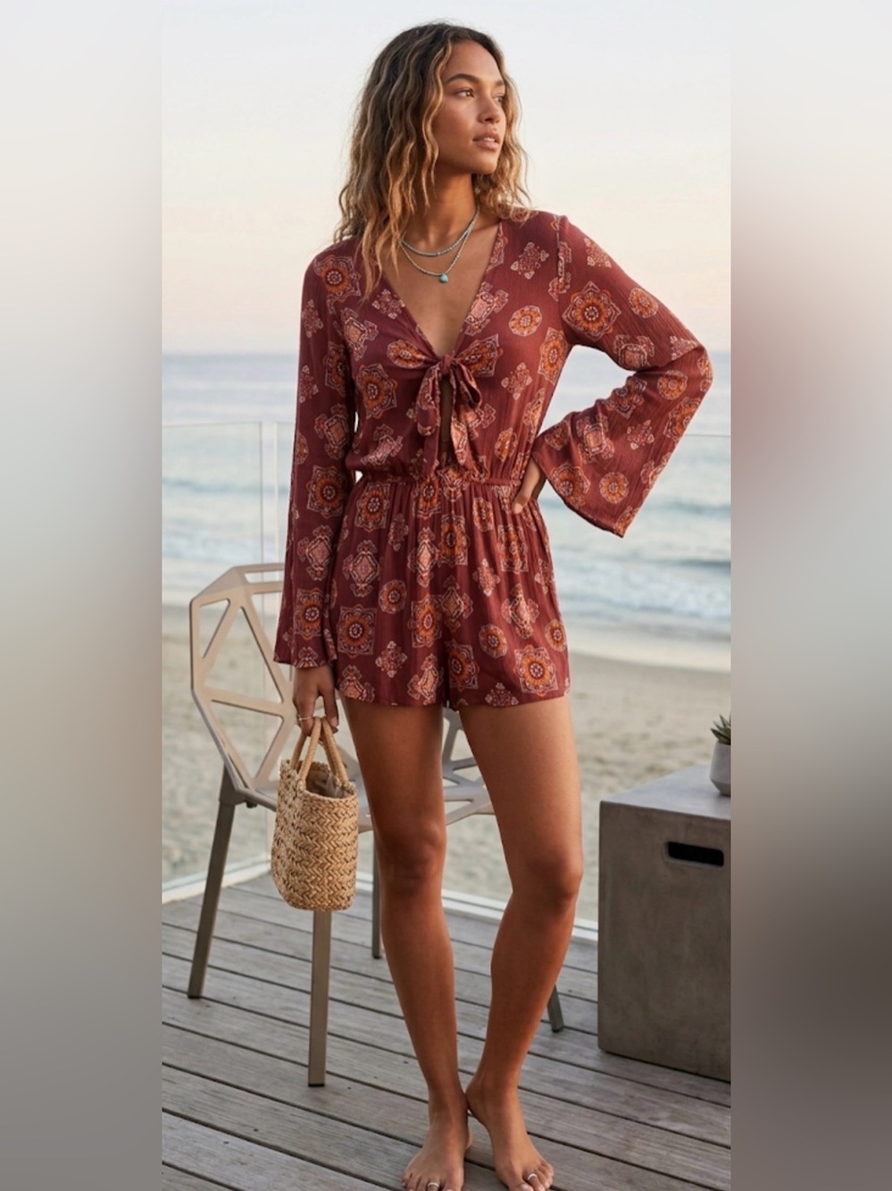 Attar’d‎ state Boho Tie-Front Printed Long Flare Sleeve Romper L rayon tropical